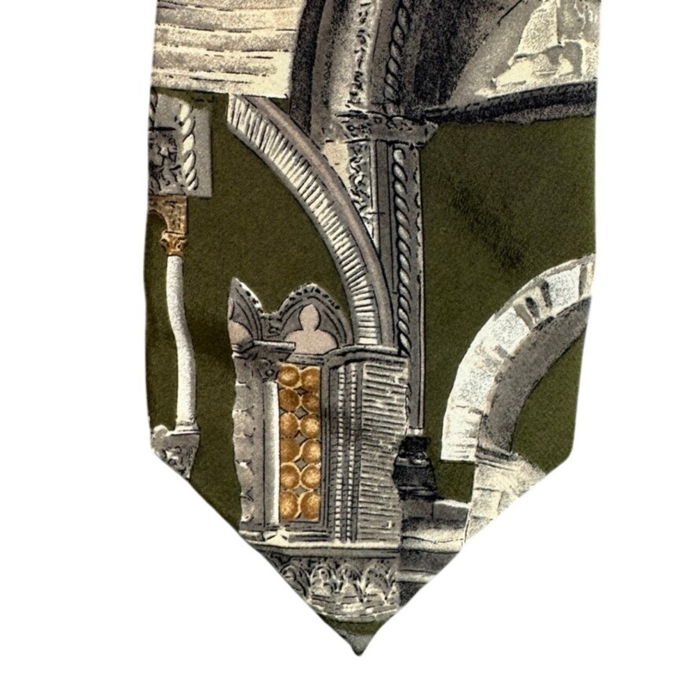 Structure Mens Silk Tie Olive Green Architectural Arch Print Made in USA 57in